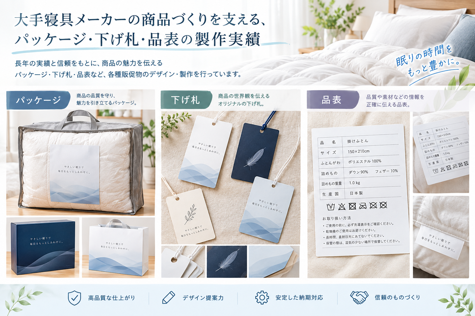 寝具商品のパッケージ・下げ札・品表